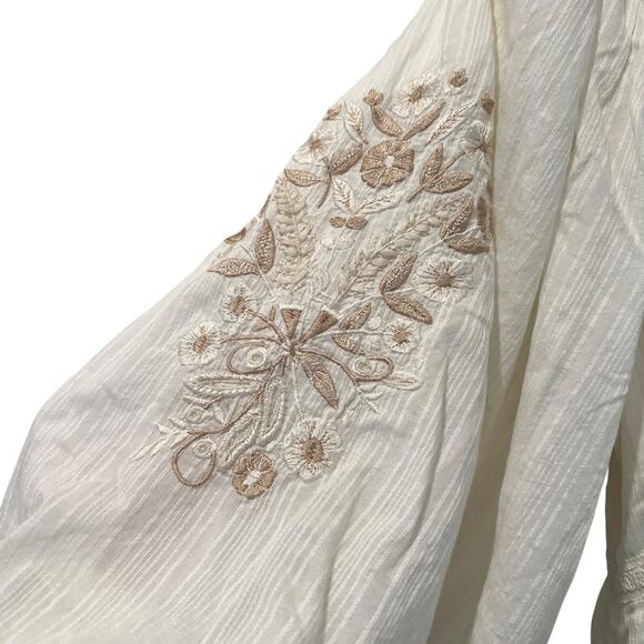 ANTHROPOLOGIE Embroidered Lace White Tan Mini Dress Medium Petite Puff Sleeves - Picture 3 of 10